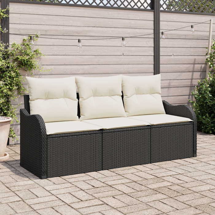 Set Divano da Giardino 3 Pezzi con Cuscini Nero Polyrattan