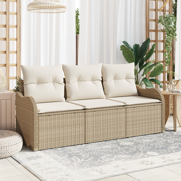 Set di Divani da Giardino da 3 Pezzi con Cuscini Beige in Polyrattan