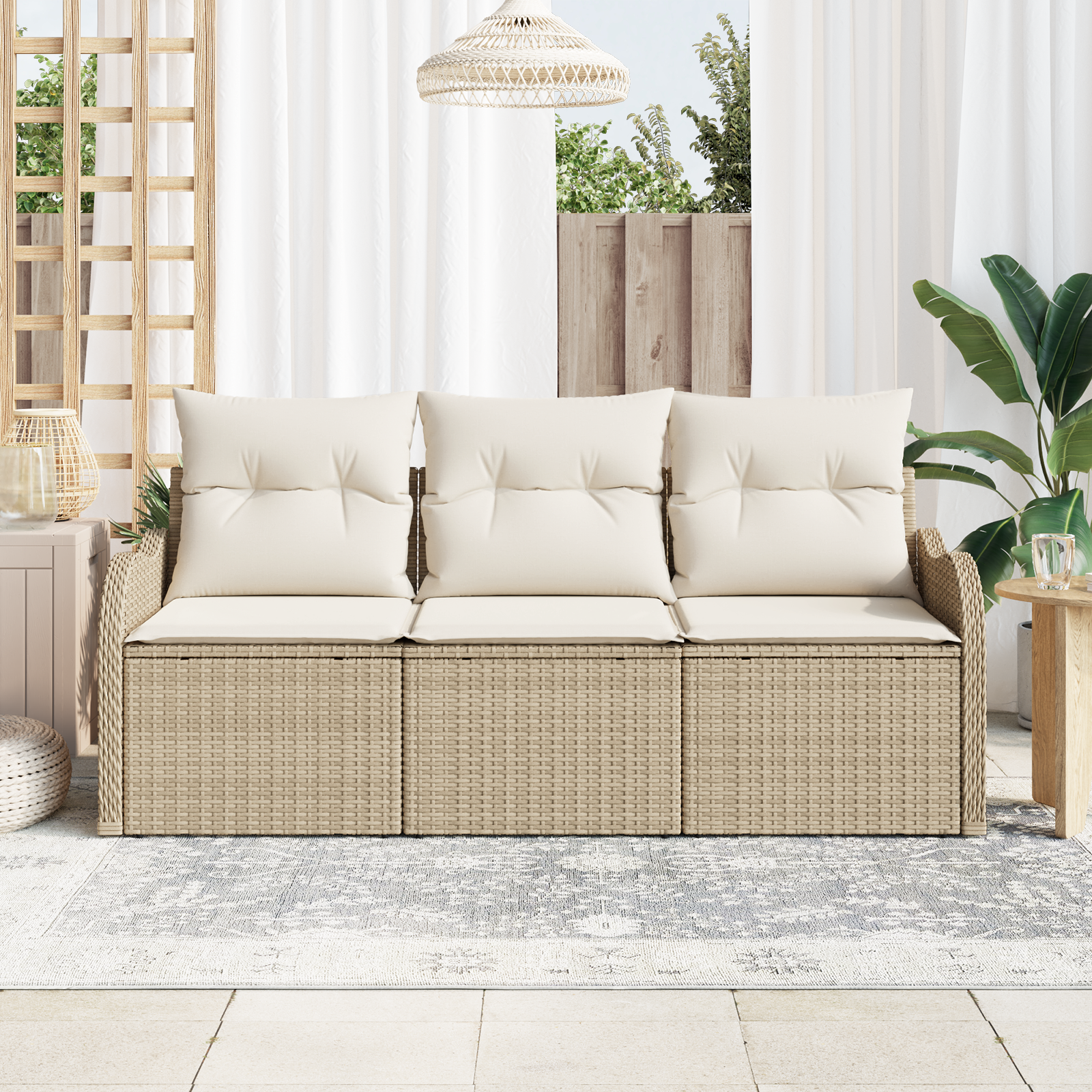 Set di Divani da Giardino da 3 Pezzi con Cuscini Beige in Polyrattan