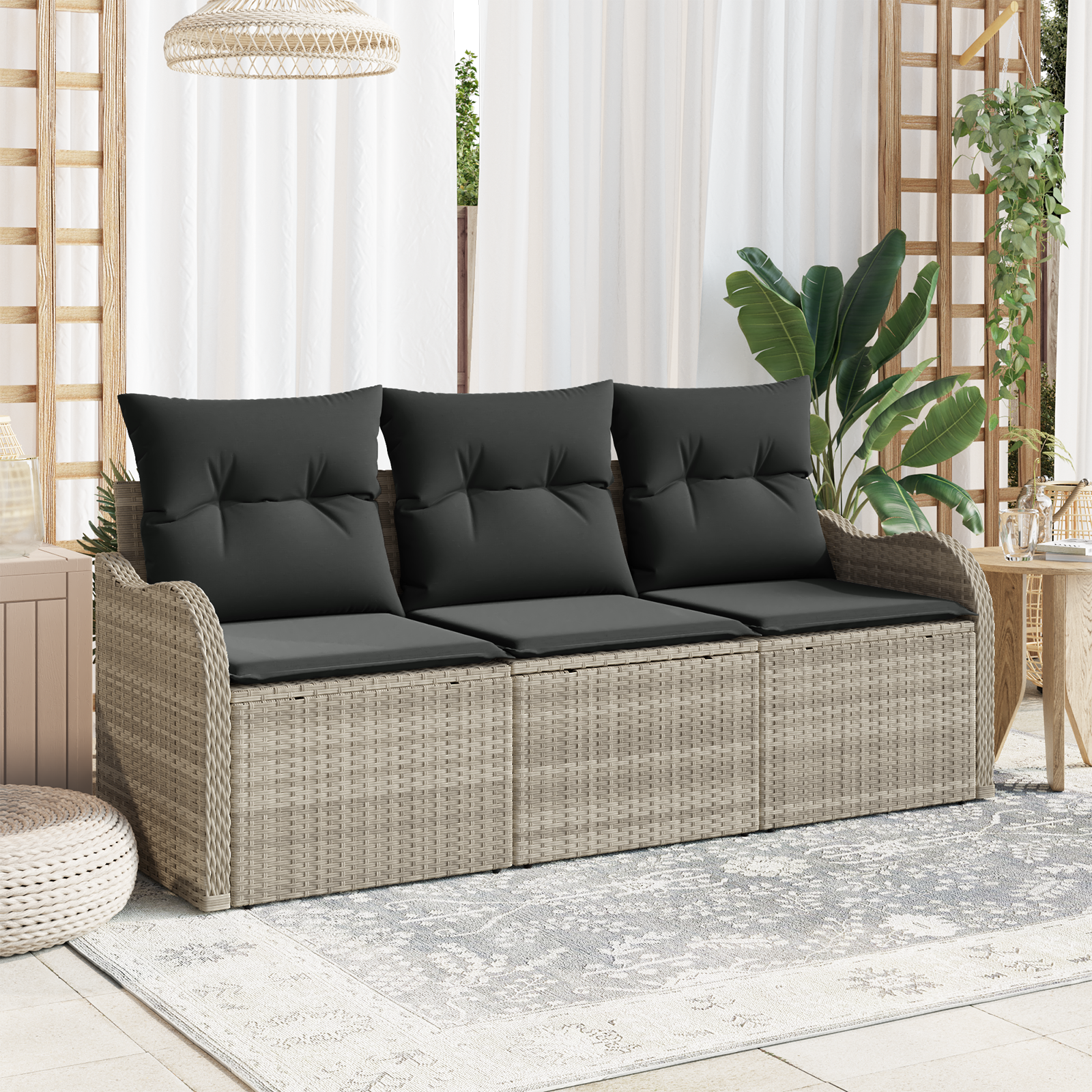 Set Divano da Giardino da 3 Pezzi con Cuscini Grigio Chiaro Polyrattan