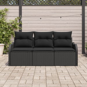 Set di Divani da Giardino da 3 Pezzi con Cuscini Nero in Polyrattan