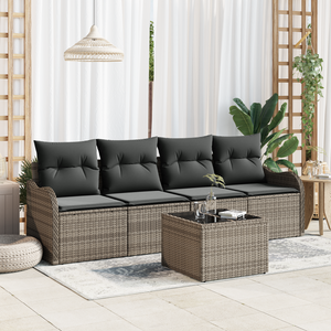 Set Divano da Giardino  in 5 Pezzi con Cuscini Grigio Polyrattan