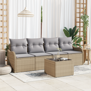 Set Divano da Giardino 5 Pezzi con Cuscini Beige in Rattan Sintetico