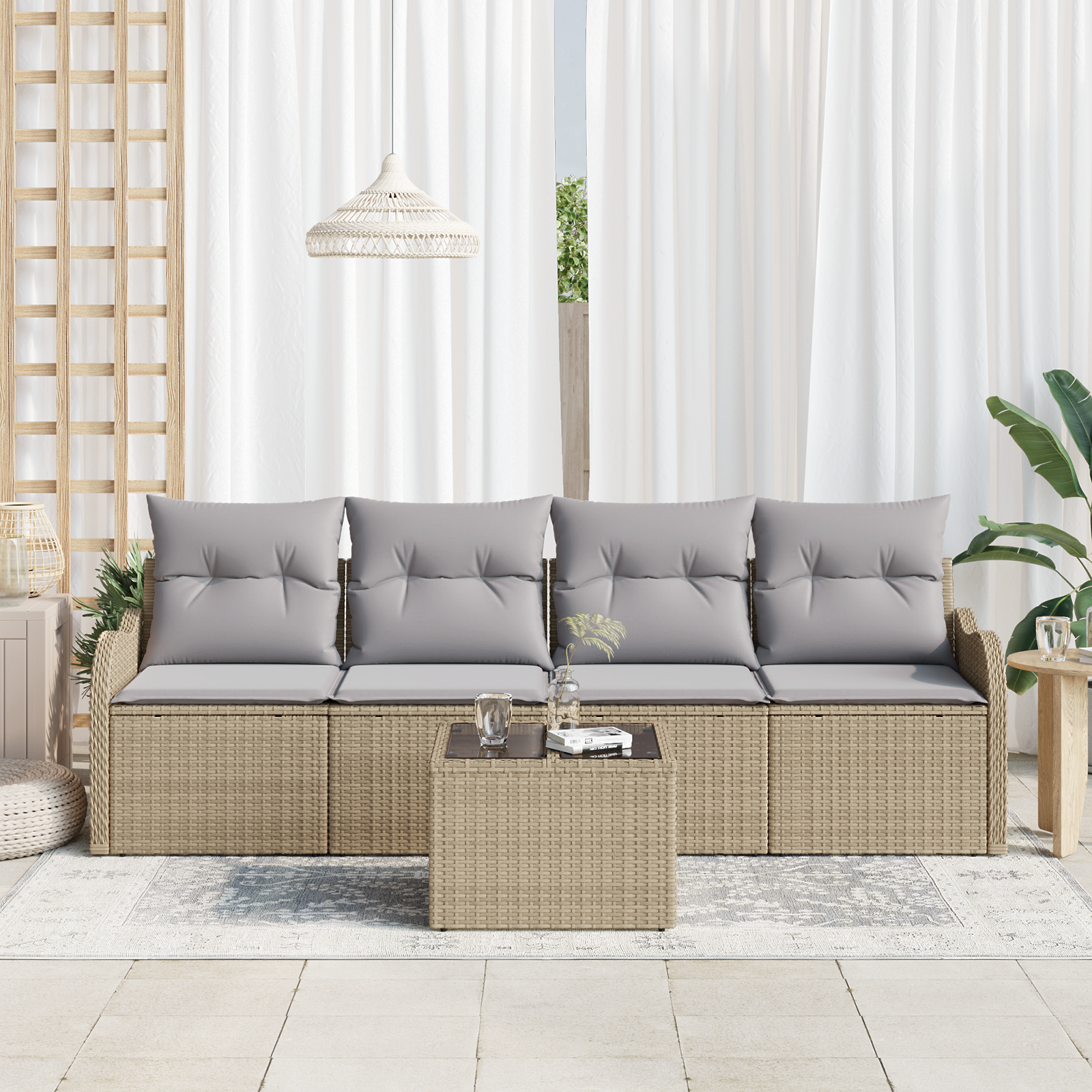 Set Divano da Giardino 5 Pezzi con Cuscini Beige in Rattan Sintetico
