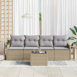 Set Divano da Giardino 5 Pezzi con Cuscini Beige in Rattan Sintetico