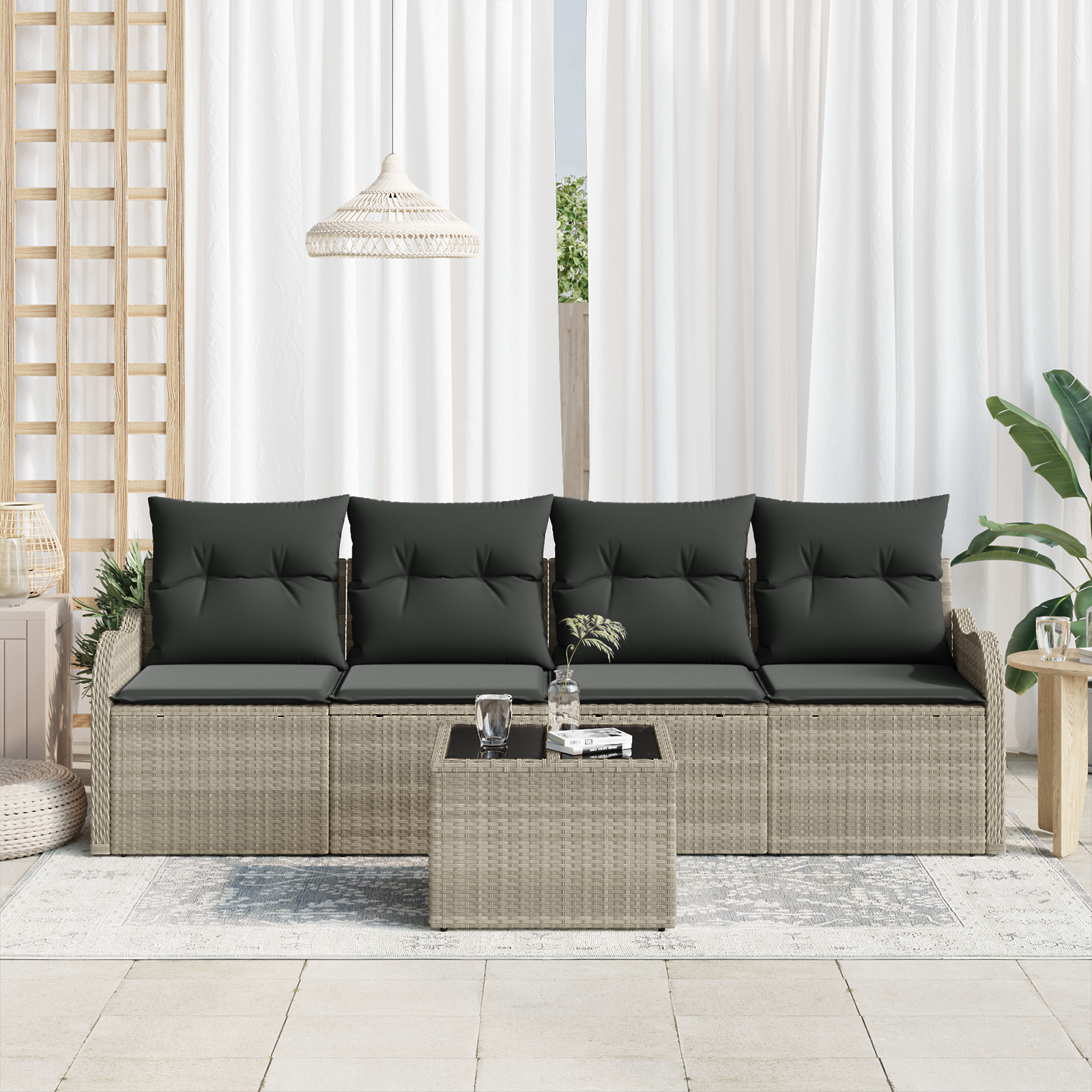 Set di 5 Pezzi Divano da Giardino con Cuscini Grigio Chiaro in Rattan Sintetico