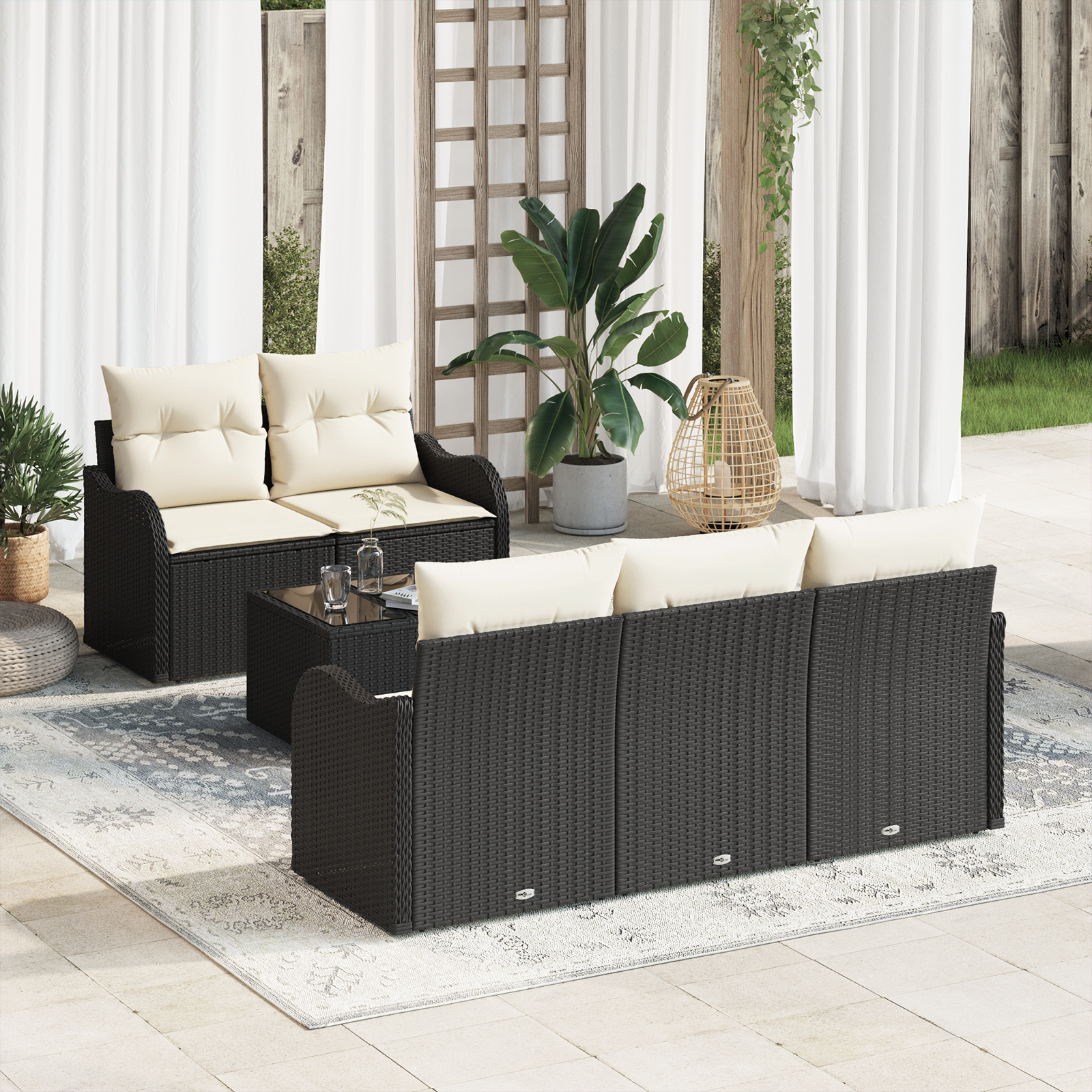 Set di divani da giardino  in 6 pezzi con cuscini in rattan poliestere nero