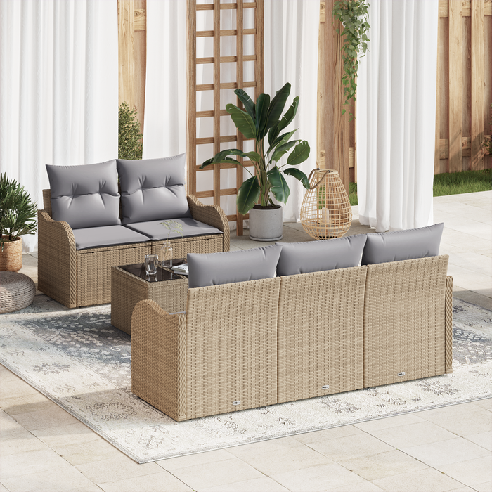 Set Divano da Giardino 6 Pezzi con Cuscini Rattan Poliestere Beige