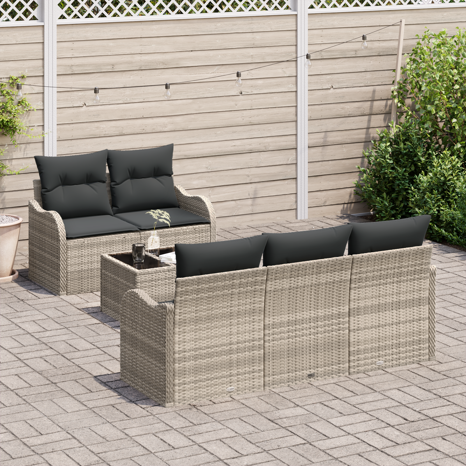 Set Divano da Giardino 6 Pezzi con Cuscini Grigio Chiaro Polyrattan