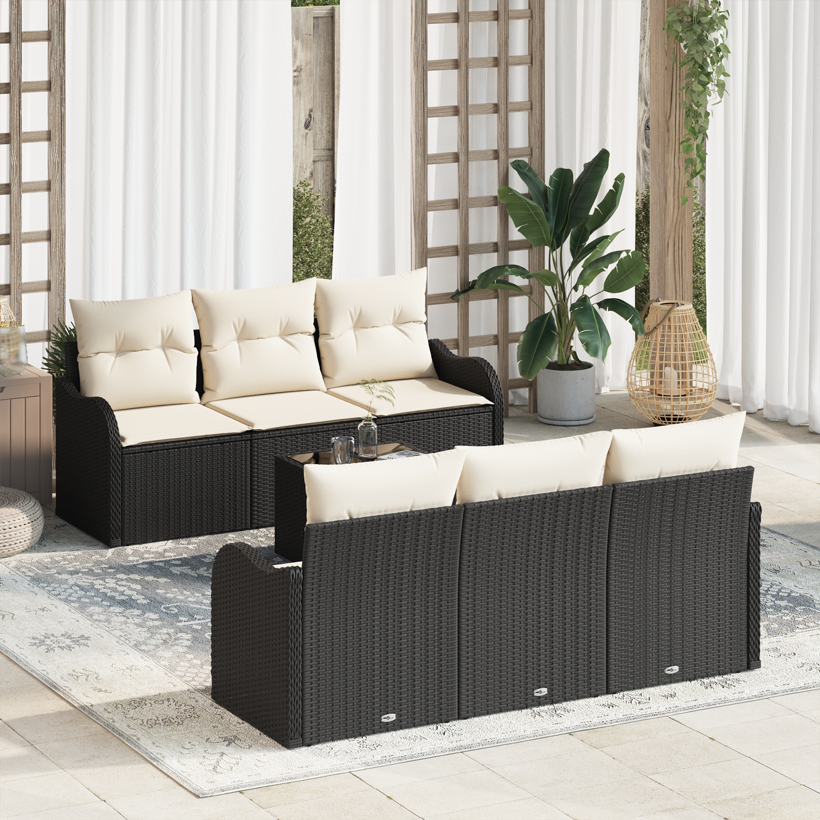 Set di divani da giardino 7 pezzi con cuscini neri in polyrattan