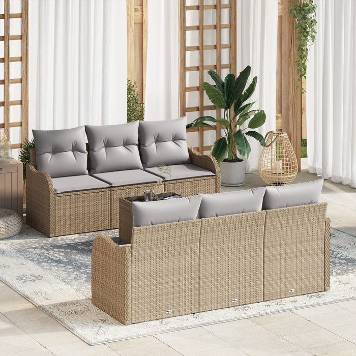 Set di Divano da Giardino da 7 pezzi con Cuscini Beige Polyrattan