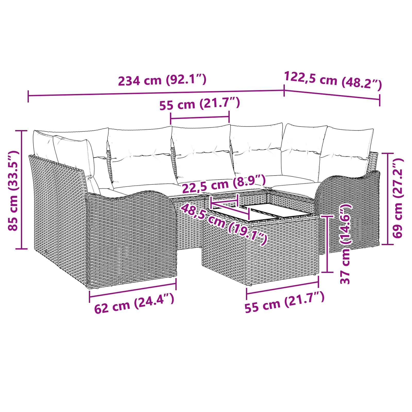 Set da Giardino  7 Pezzi con Cuscini Polyrattan Nero