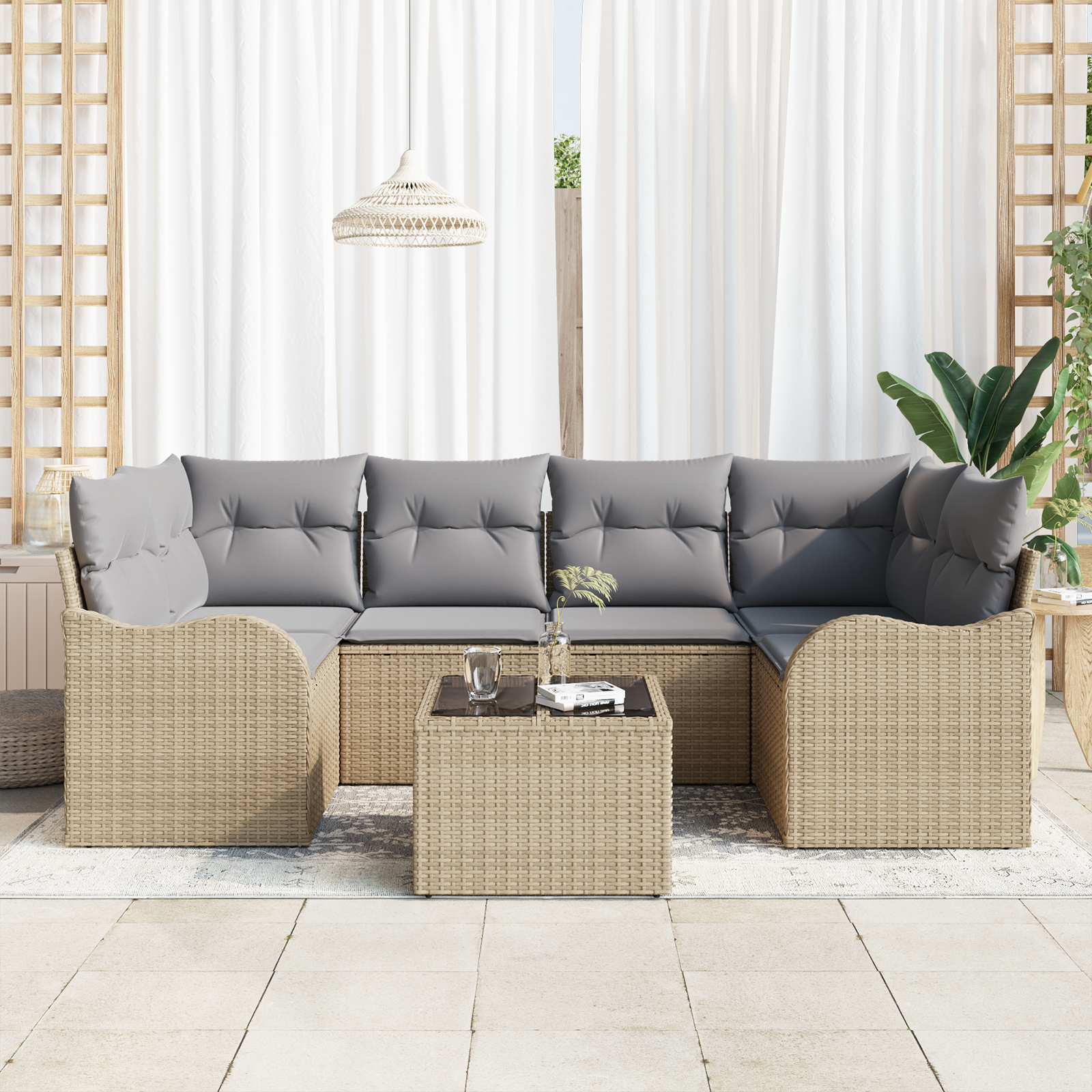 Set di Sofà da Giardino  7 Pezzi con Cuscini - Rattan Polietilene Beige