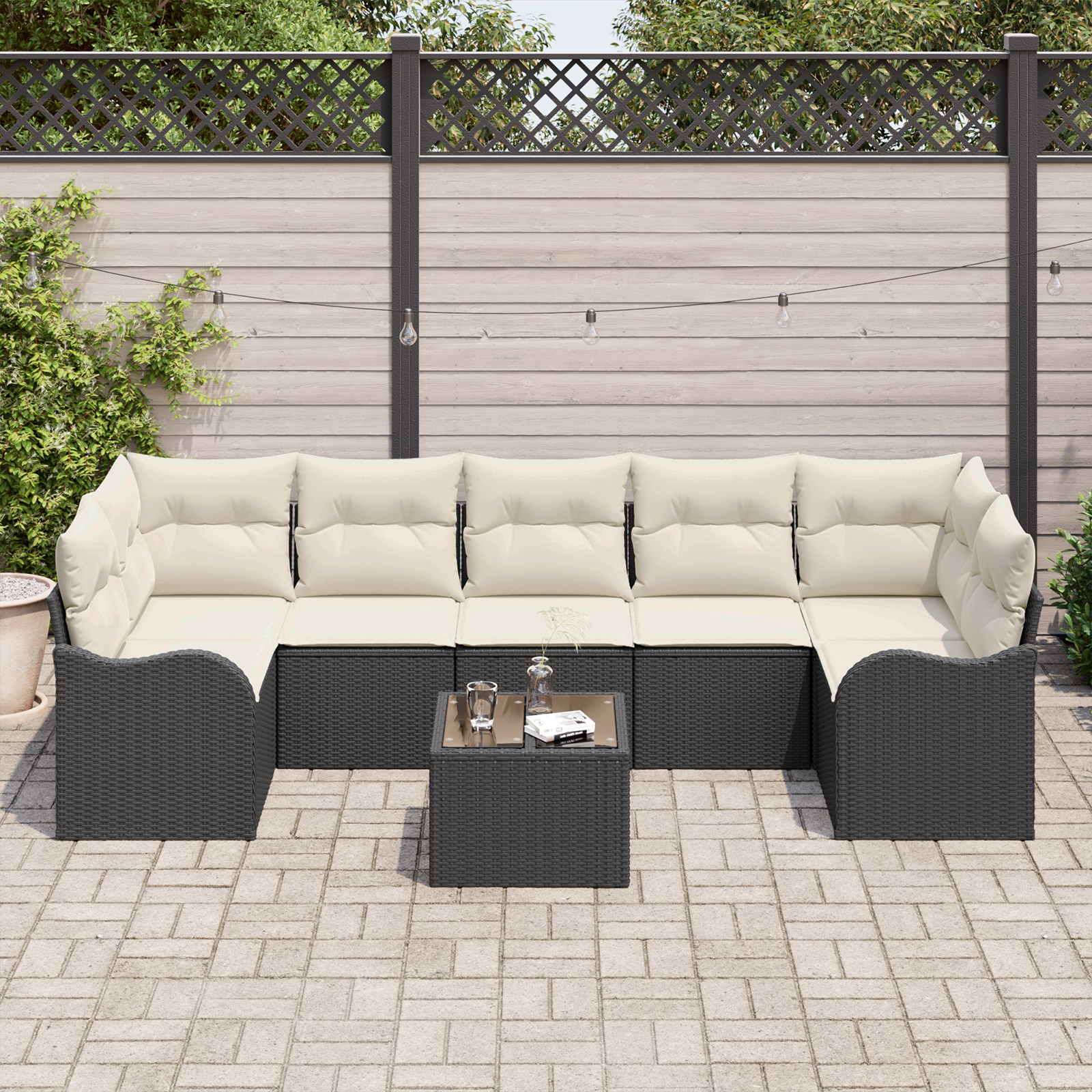 Set Divano da Giardino  8 Pezzi con Cuscini Nero Rattan Polietilene