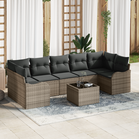 Set da giardino  a 8 pezzi con cuscini grigi in polyrattan