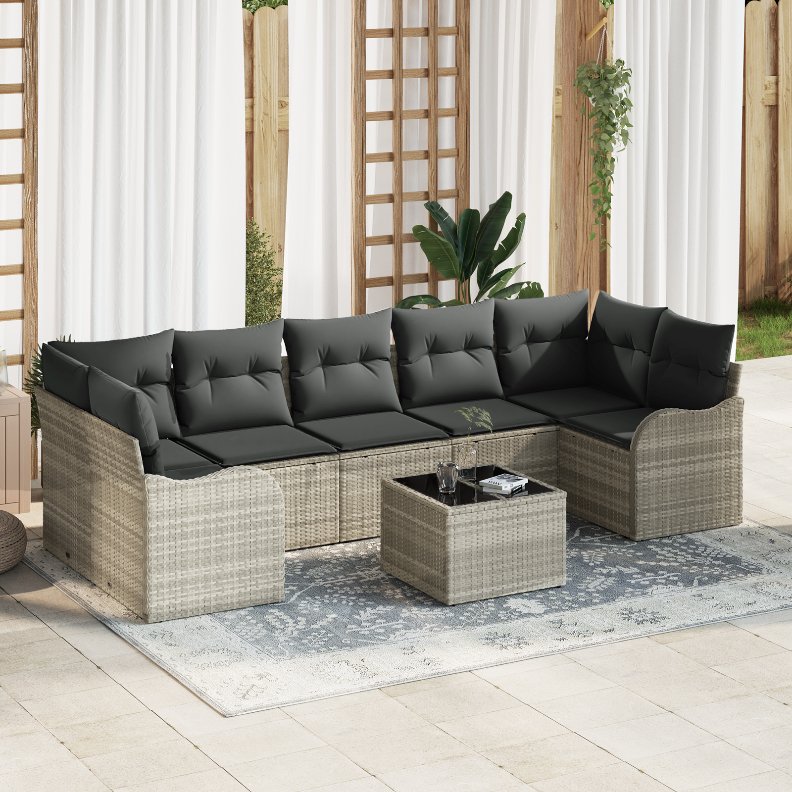 Set divano da giardino  8 pezzi con cuscini grigio chiaro in polyrattan