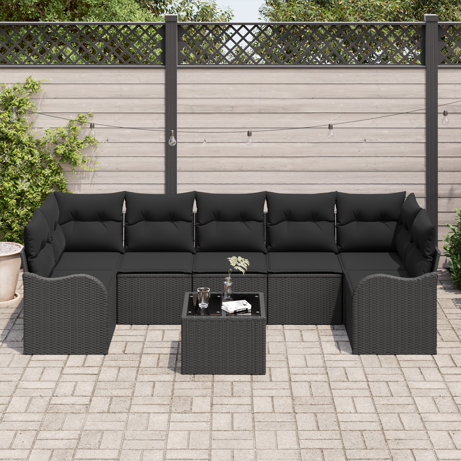 Set di Divani da Giardino  8 Pezzi con Cuscini Nero Polyrattan