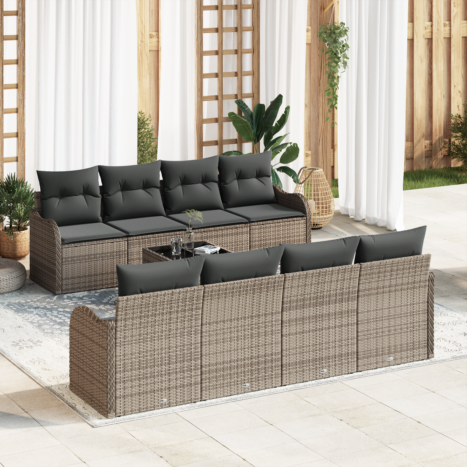 Set Divano Giardino in 9 pezzi con Cuscini Grigio Rattan