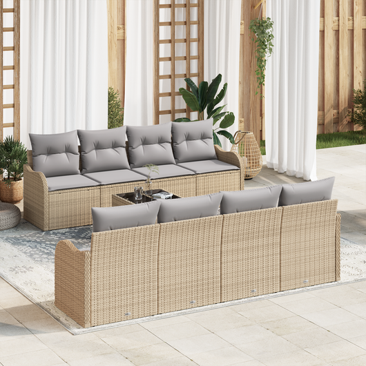 Set Divano Giardino  9 Pezzi con Cuscini Beige Polyrattan