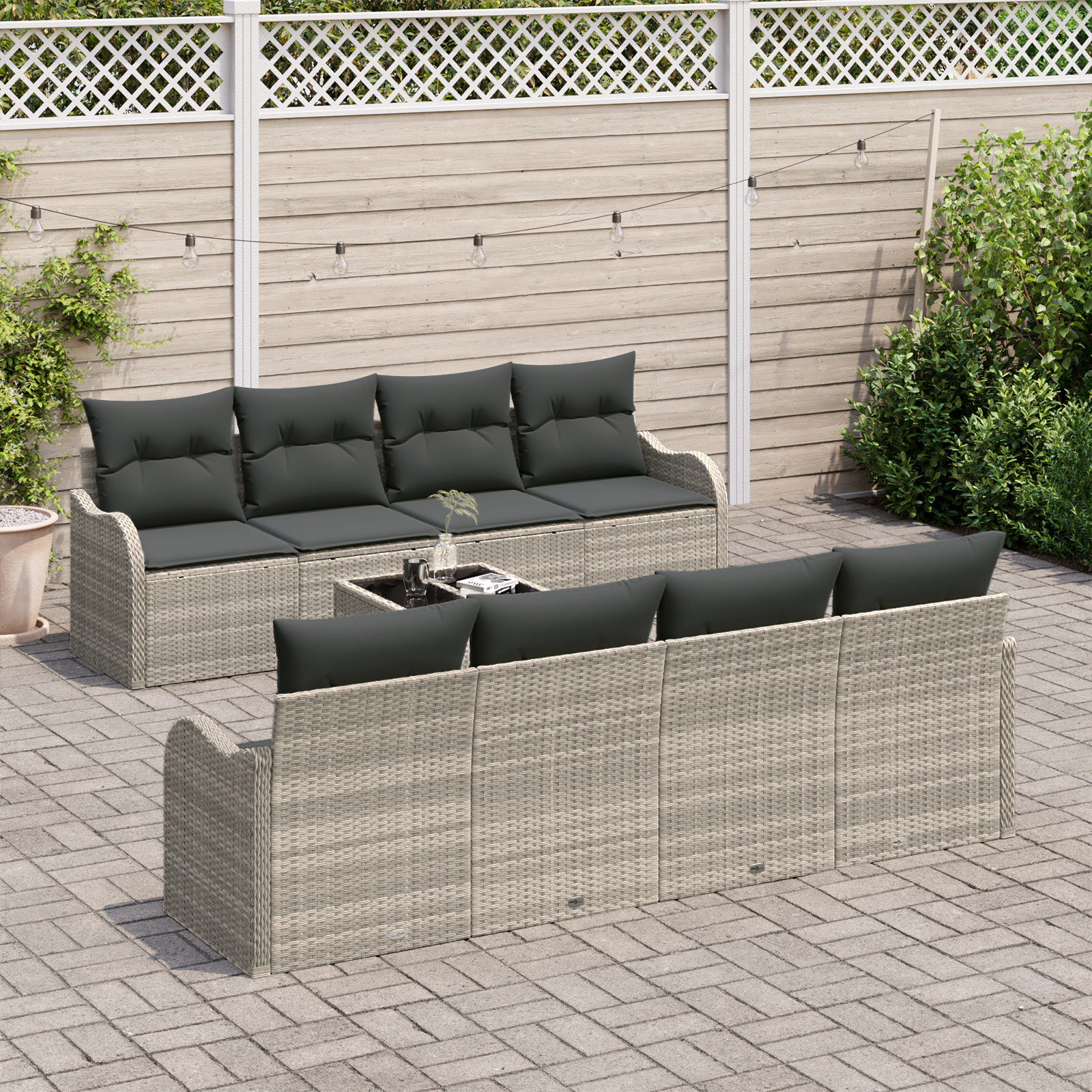 Set di Divani da Giardino  9 Pezzi Grigio Chiaro Rattan Poliestere