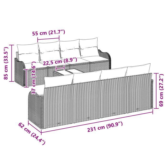 Set di Divani da Giardino  9 Pezzi Grigio Chiaro Rattan Poliestere