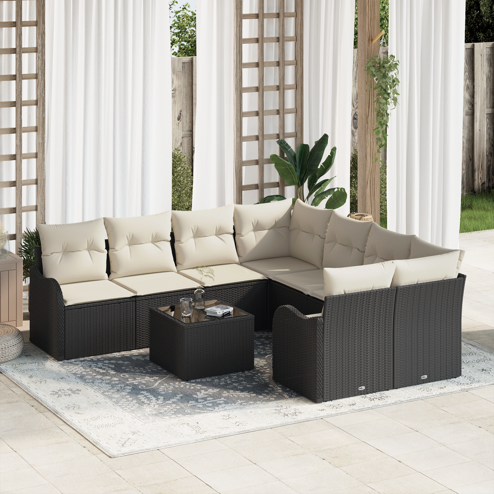 Set di divano da giardino a 9 pezzi con cuscini Nero Rattan