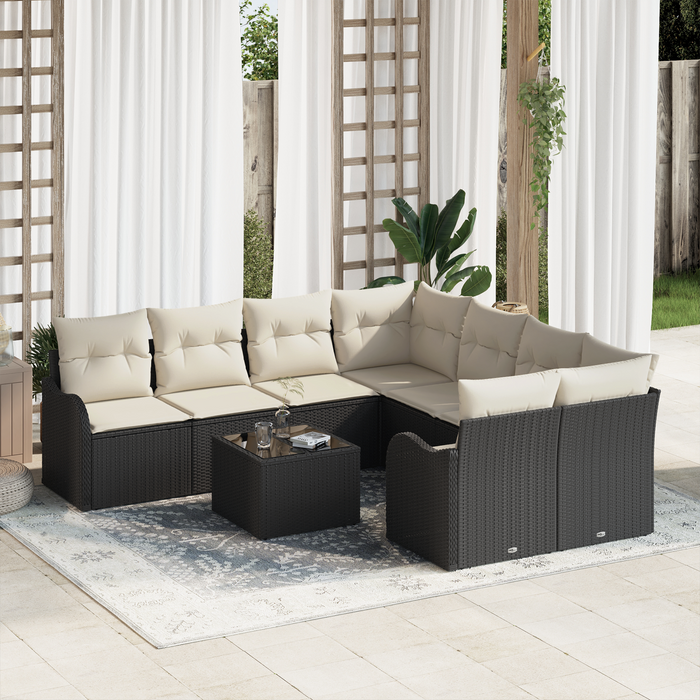 Set di divano da giardino a 9 pezzi con cuscini Nero Rattan