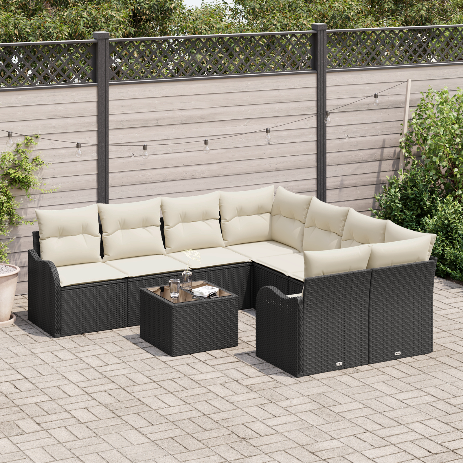 Set di divano da giardino a 9 pezzi con cuscini Nero Rattan