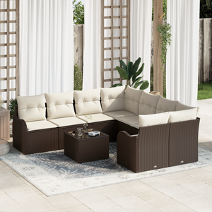 Set di Divani da Giardino a 9 Pezzi con Cuscini Marrone in Polyrattan