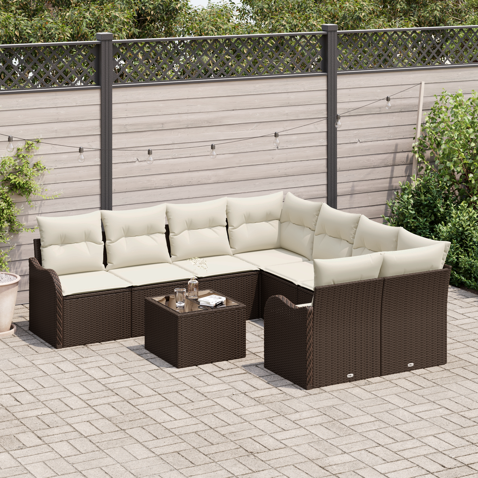 Set di Divani da Giardino a 9 Pezzi con Cuscini Marrone in Polyrattan