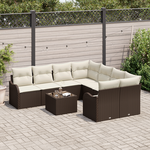 Set di Divani da Giardino a 9 Pezzi con Cuscini Marrone in Polyrattan