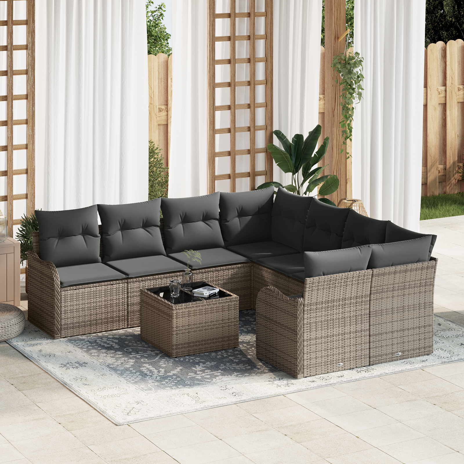 Set Divano da Giardino  9 Pezzi con Cuscini Grigio Polyrattan