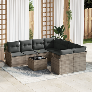 Set Divano da Giardino  9 Pezzi con Cuscini Grigio Polyrattan