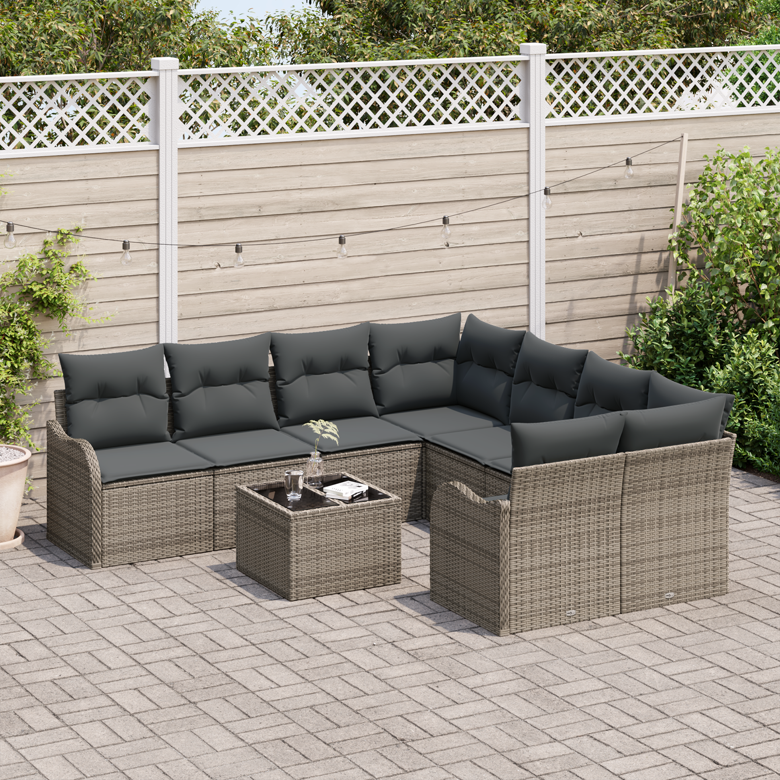 Set Divano da Giardino  9 Pezzi con Cuscini Grigio Polyrattan