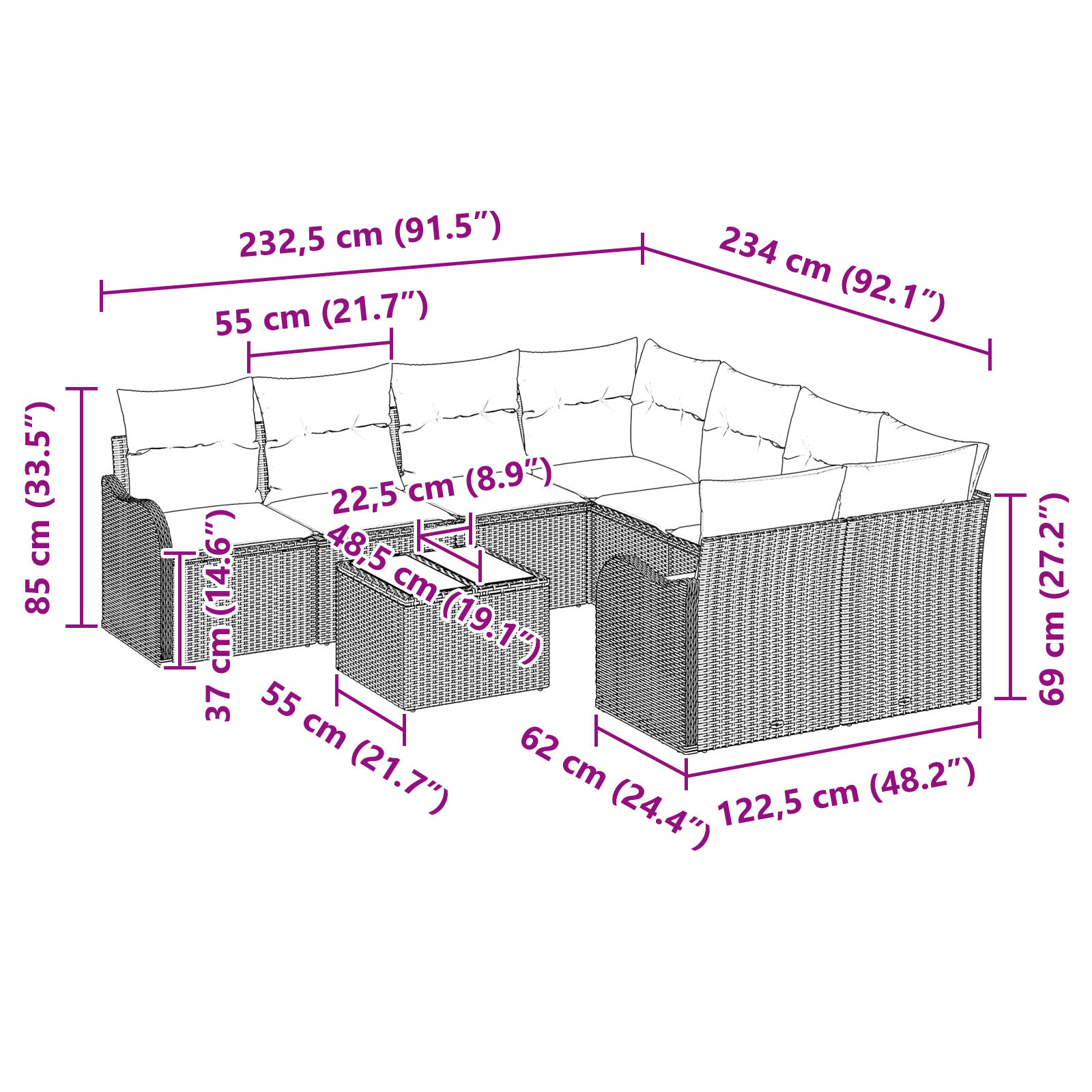Set Divano da Giardino  9 Pezzi con Cuscini Grigio Polyrattan
