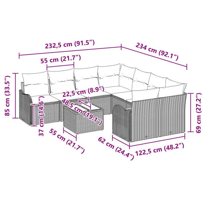 Set Divano da Giardino  9 Pezzi con Cuscini Grigio Polyrattan