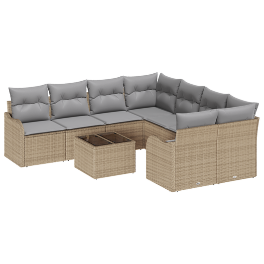 Set Divano da Giardino 9 Pezzi con Cuscini Beige Polyrattan