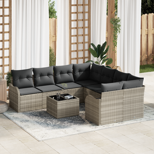 Set da giardino  9 pezzi con cuscini grigio chiaro polyrattan