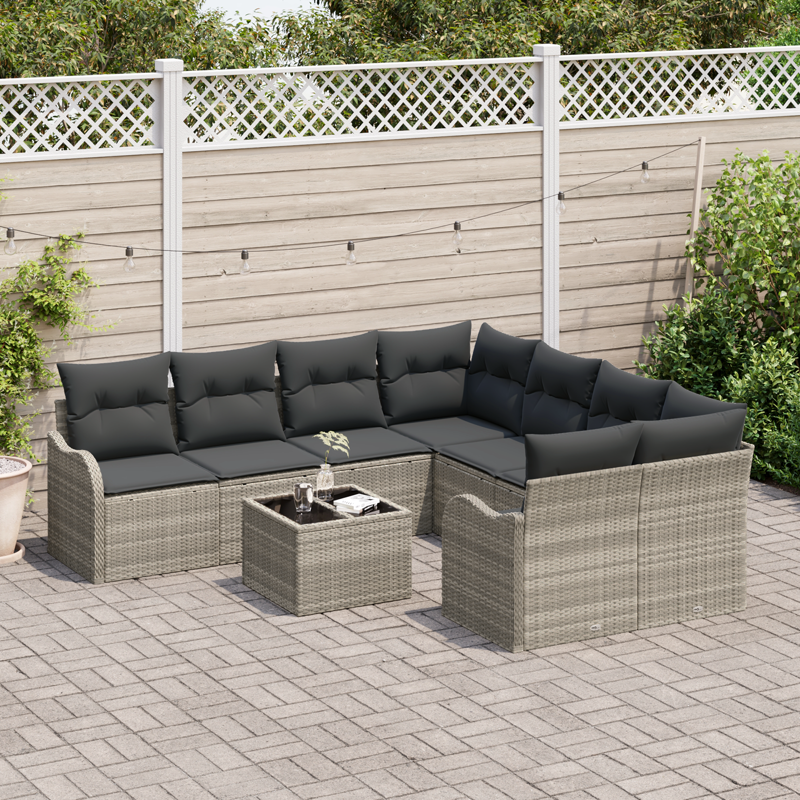 Set da giardino  9 pezzi con cuscini grigio chiaro polyrattan