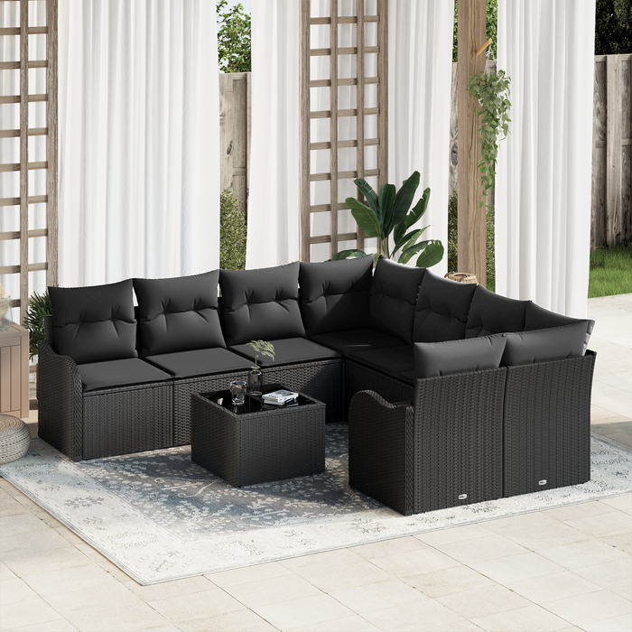 Set Divano Giardino 9 Pezzi con Cuscini Nero Rattan Sintetico