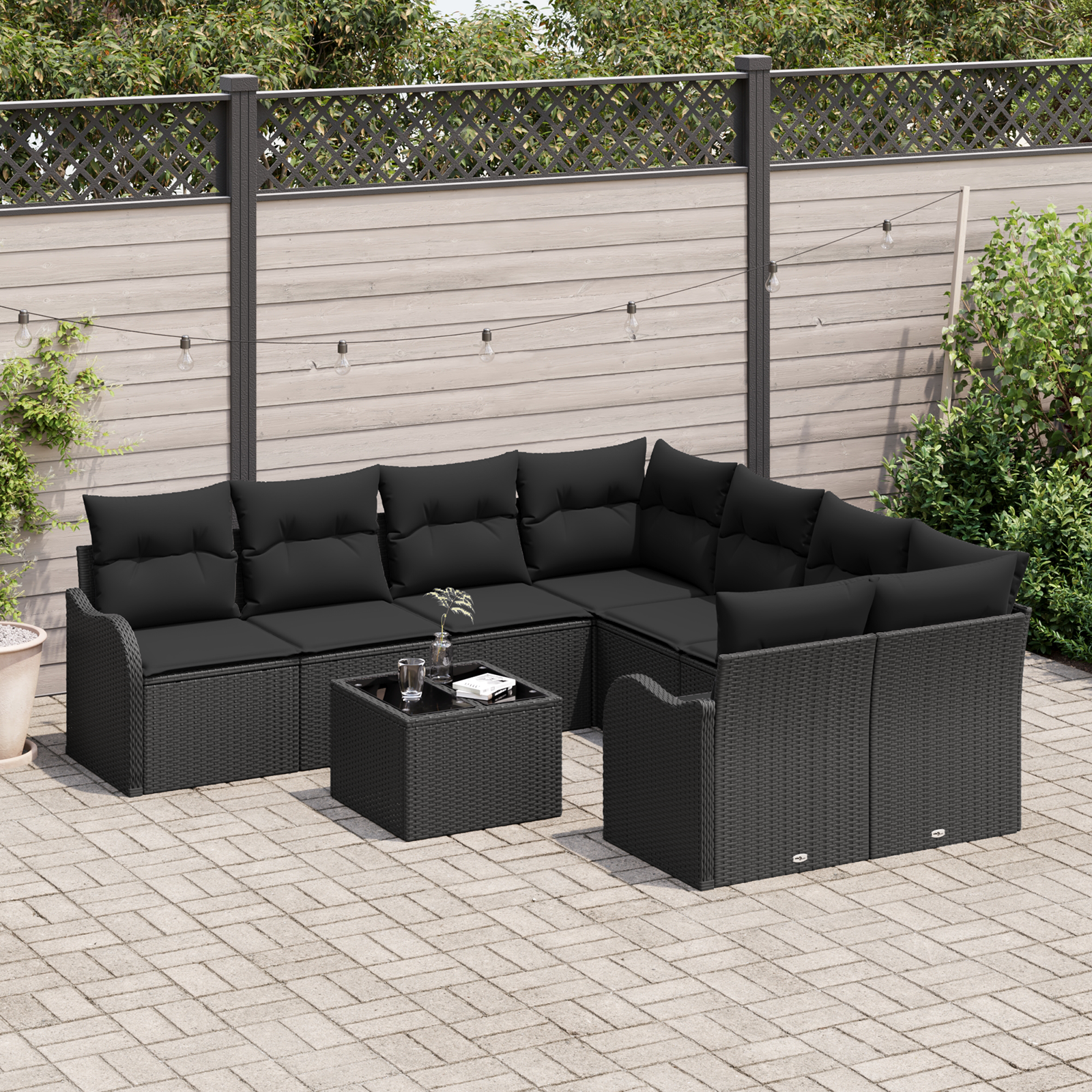 Set Divano Giardino 9 Pezzi con Cuscini Nero Rattan Sintetico