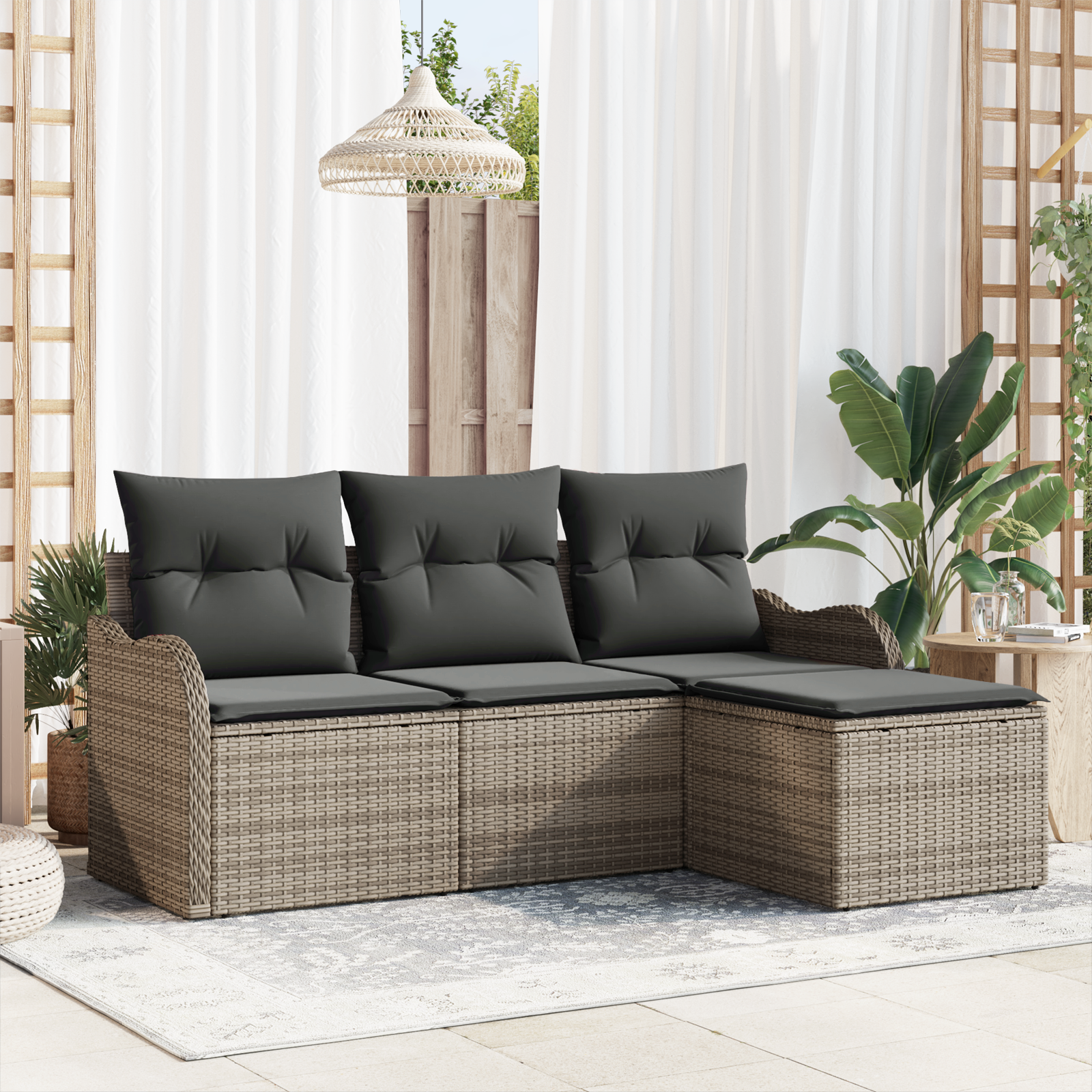 Set di divani da giardino 4 pezzi con cuscini Grigio Rattan Poliestere