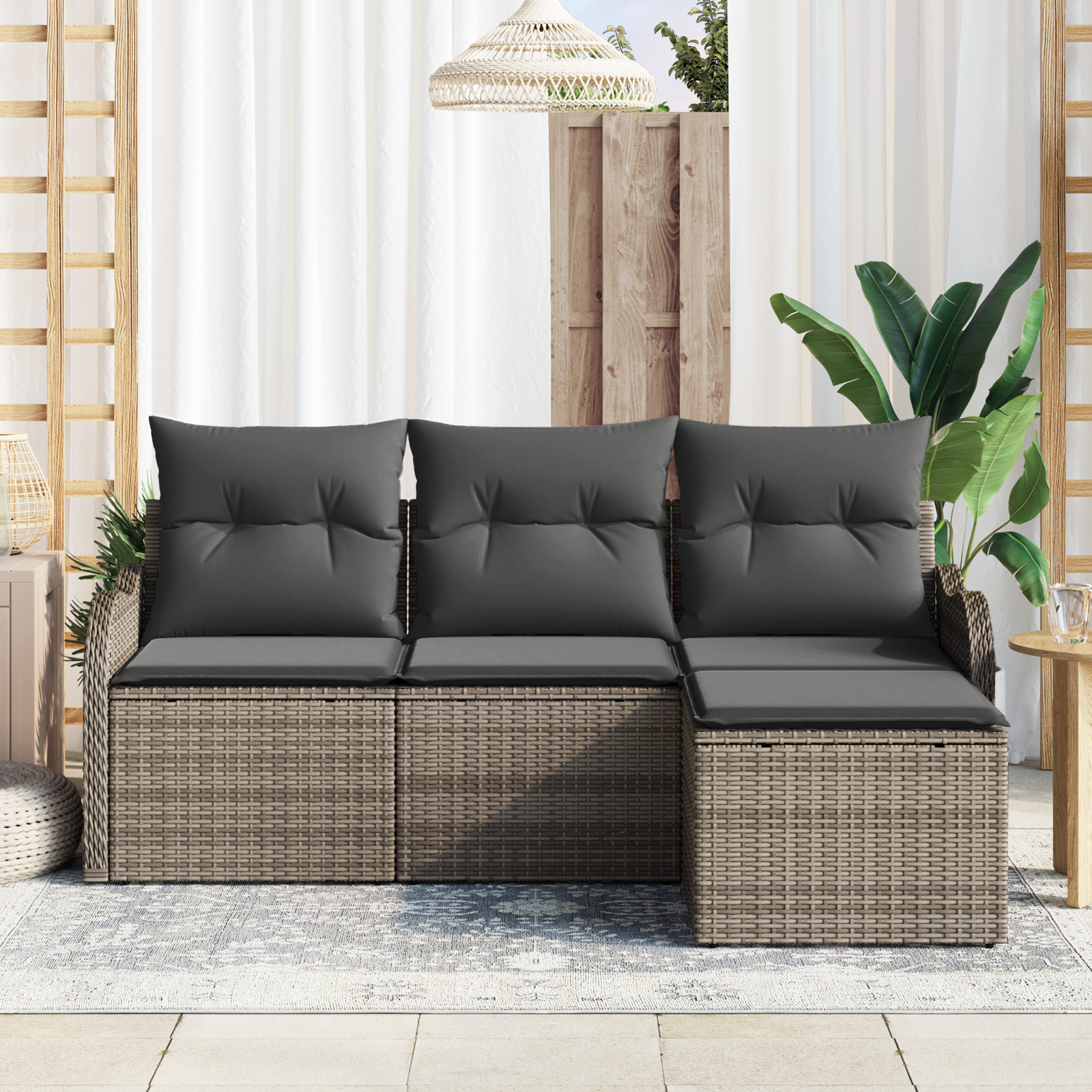 Set di divani da giardino 4 pezzi con cuscini Grigio Rattan Poliestere