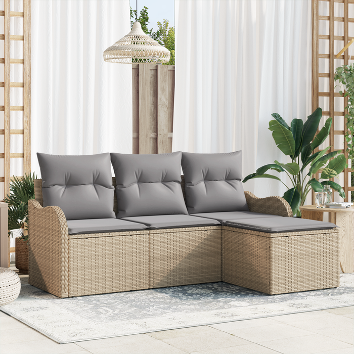 Set Divano da Giardino  4 Pezzi con Cuscini Beige Polyrattan