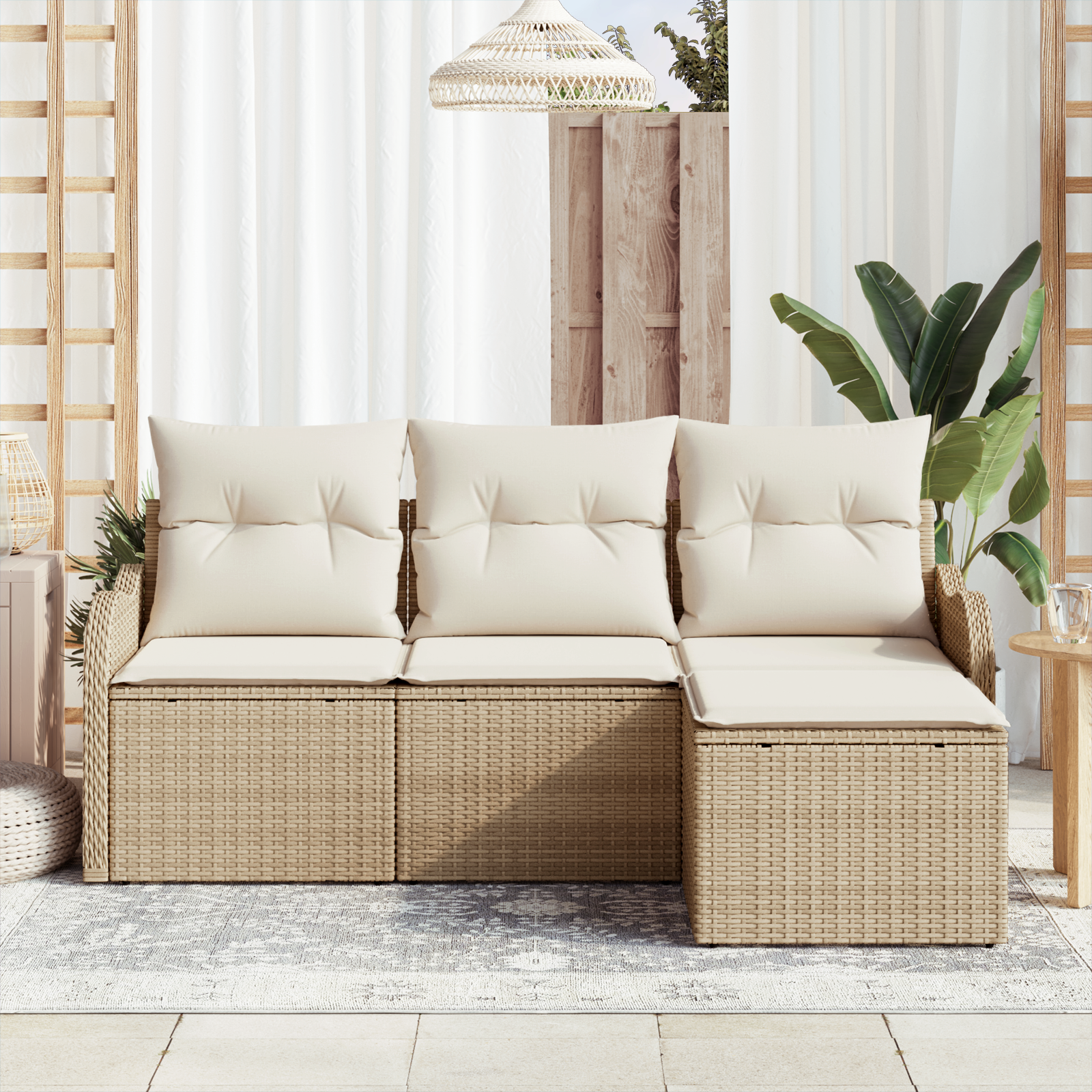 Set divano giardino  4 Pezzi con Cuscini Beige Polirattan
