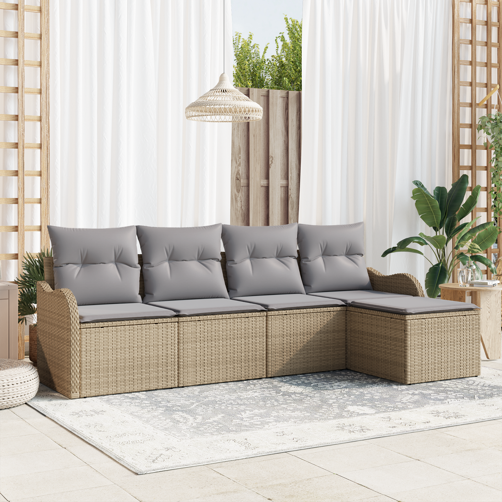 Set di divani da giardino 5 pezzi con cuscini in polirattan beige
