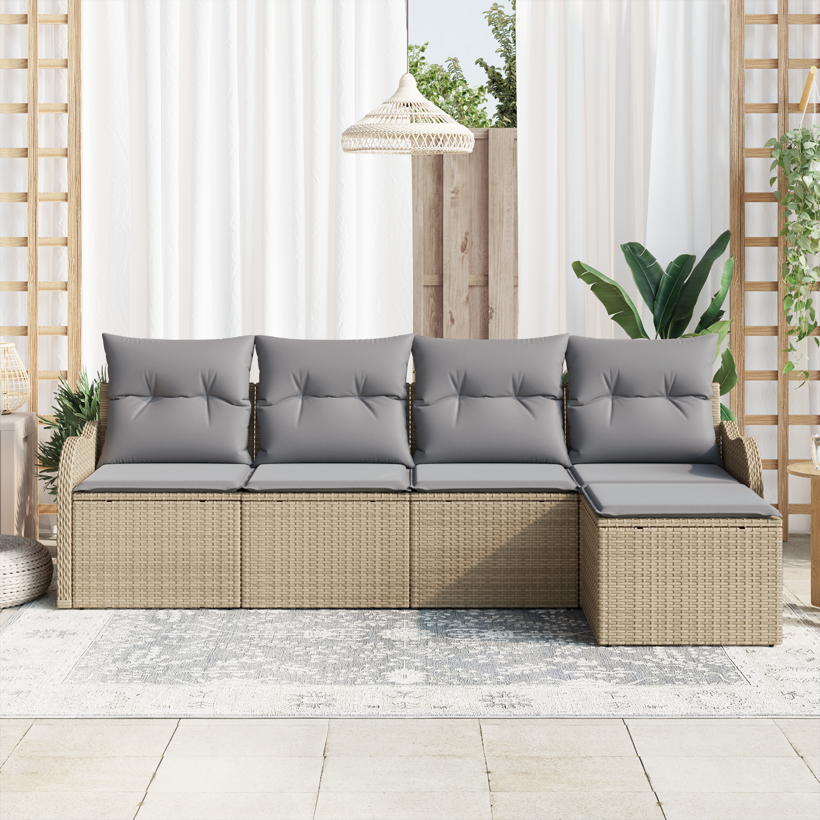 Set di divani da giardino 5 pezzi con cuscini in polirattan beige