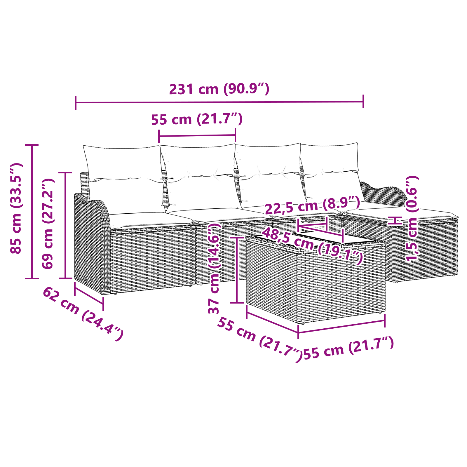 Set di divani da giardino  con cuscini grigi in rattan sintetico
