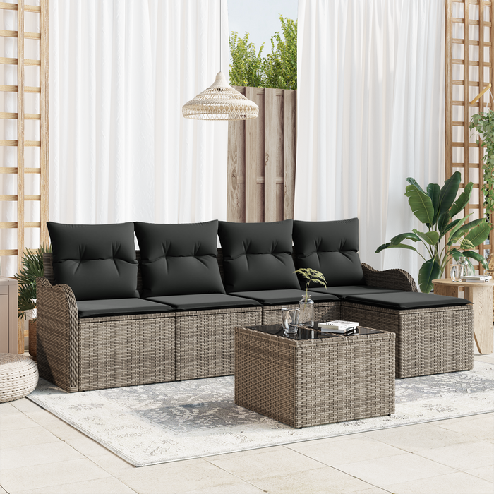 Set Divano da Giardino con Cuscini in Nero Polyrattan