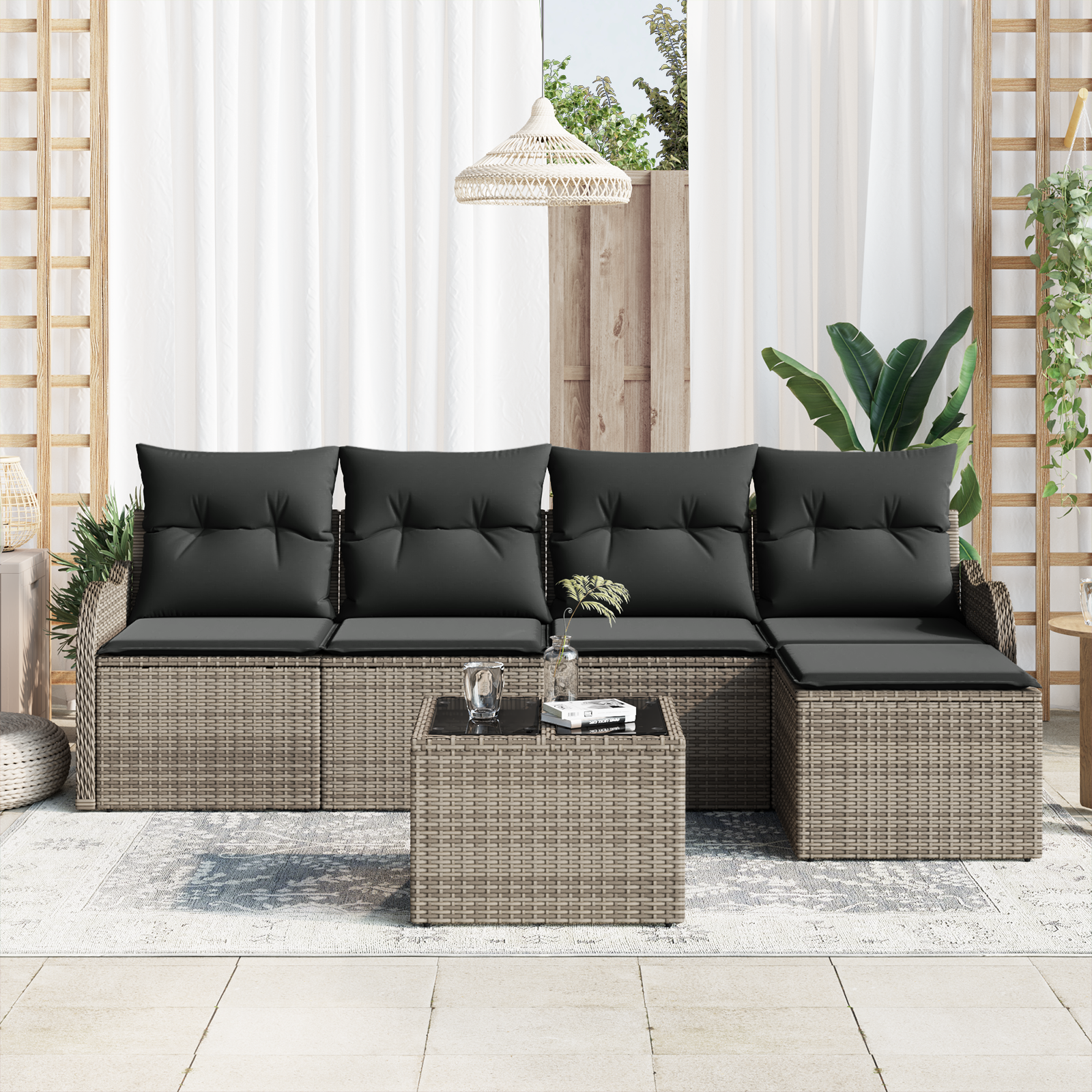 Set Divano da Giardino con Cuscini in Nero Polyrattan